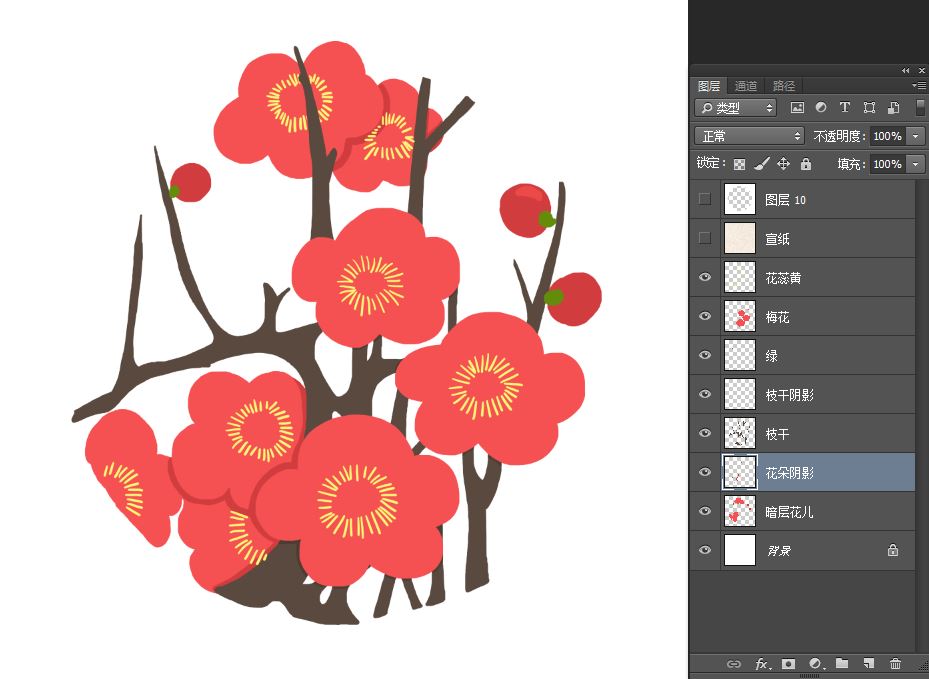 手繪梅花,紅梅