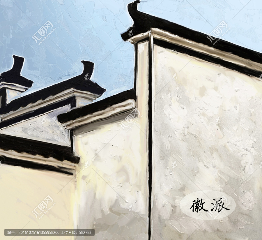 風(fēng)景油畫,徽派建筑,未分層