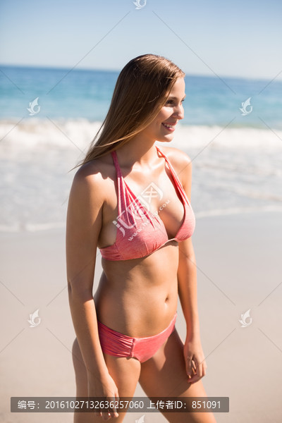穿着比基尼站在沙滩上的女人