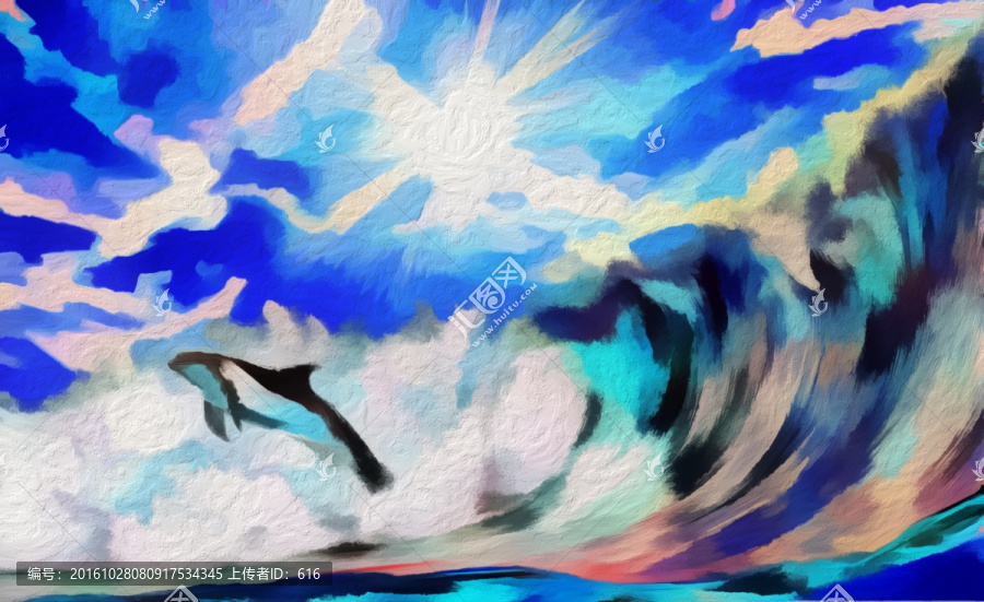 油畫大海和海豚