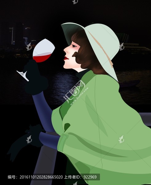 端紅酒的女人,夜色,美女