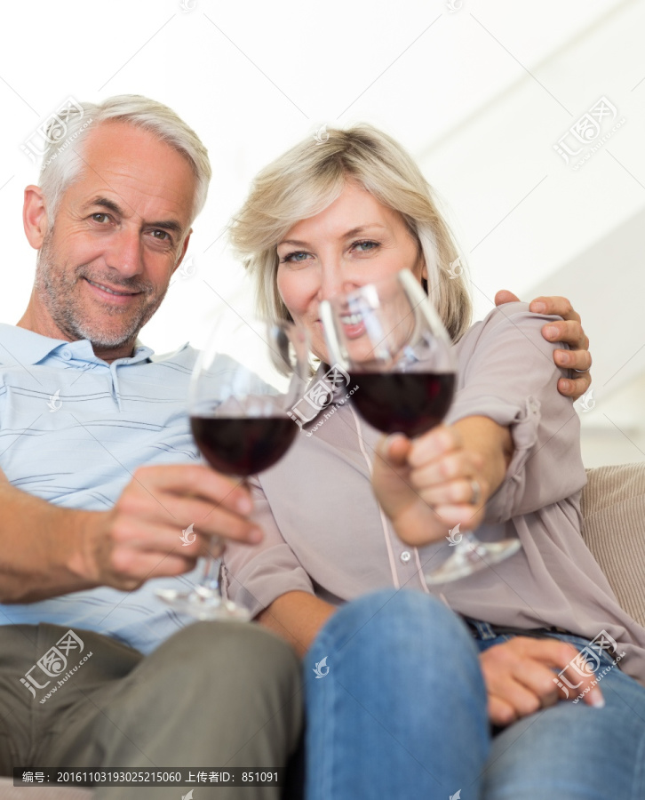 在客厅里喝红酒的一对夫妇