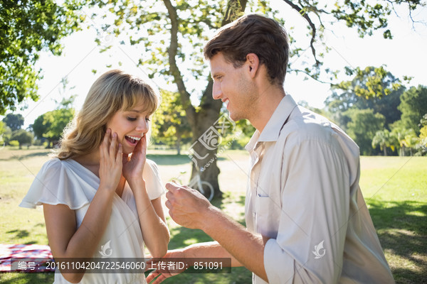 惊讶的女人看着男友手上的戒指