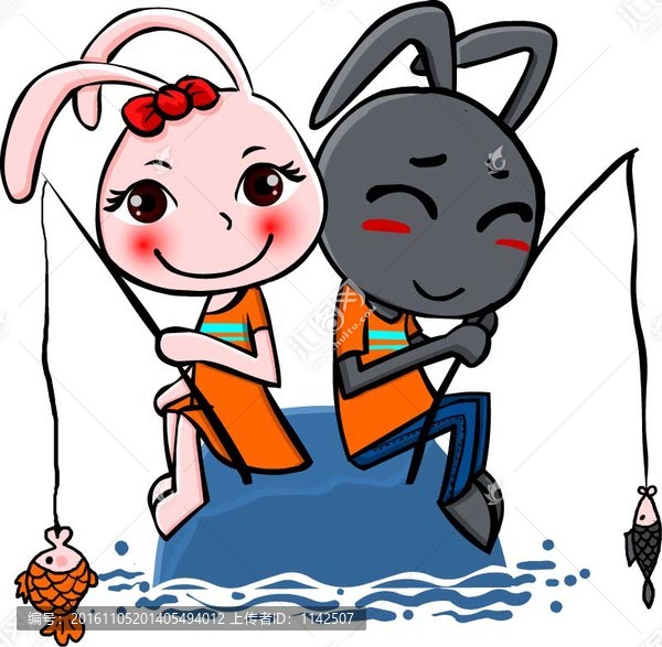 插畫情侶兔子在幸福的釣魚