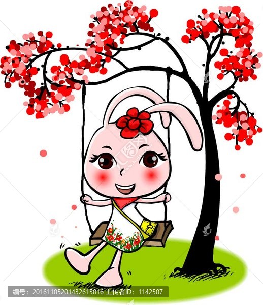 卡通可愛兔子在悠閑的蕩秋千