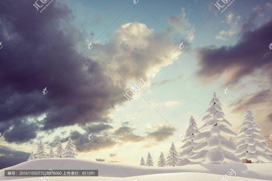 雪景觀和冷杉樹