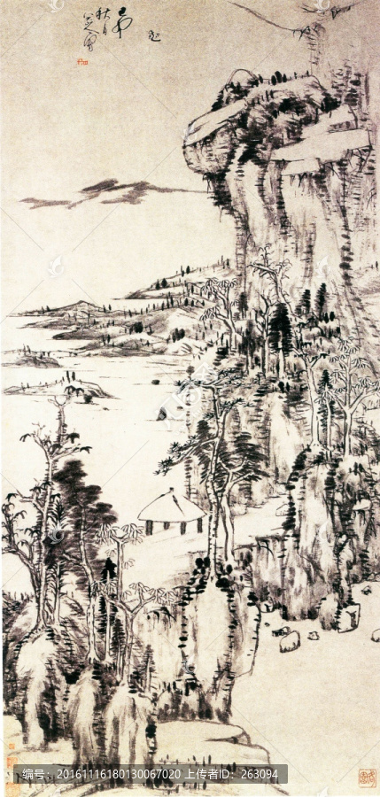 朱耷,秋林亭子圖