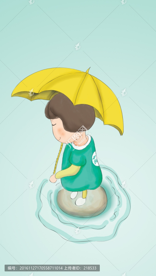 兒童插畫夏日雨季撐傘的小女孩