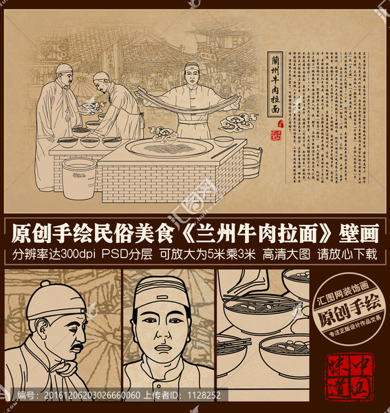 兰州牛肉拉面插画壁画装饰画