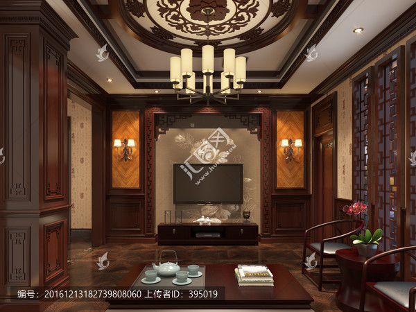 中式客厅,电视背景墙效果图