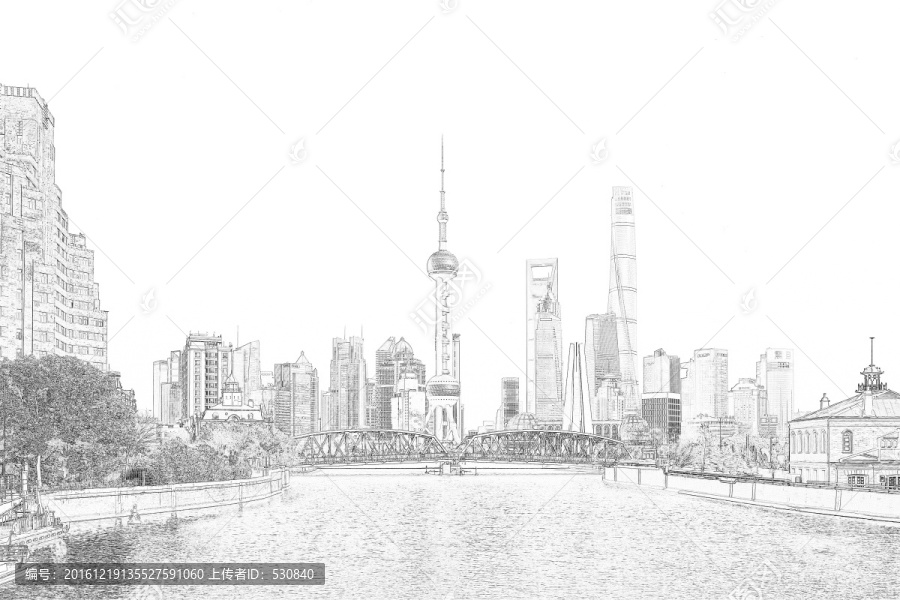 上海外灘全景線描