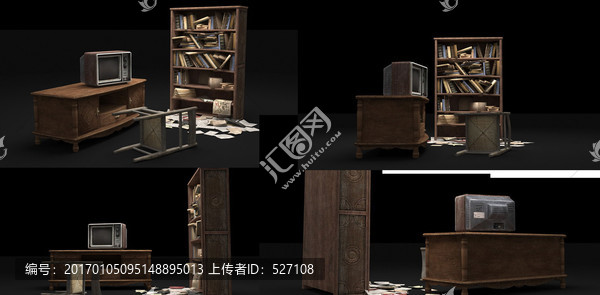 3D模型凌亂無章桌子書柜電視