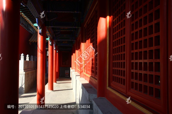 文庙走廊,古建筑,红墙碧瓦