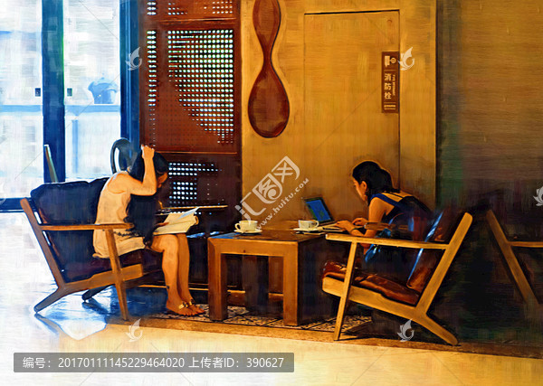 咖啡店里的少女,油畫