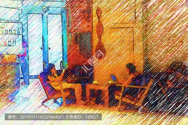 咖啡店里的少女,油畫