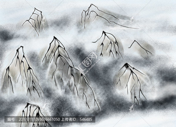水墨山水裝飾,手繪,合層