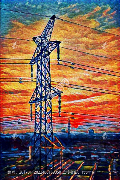 夕陽下的電塔油畫