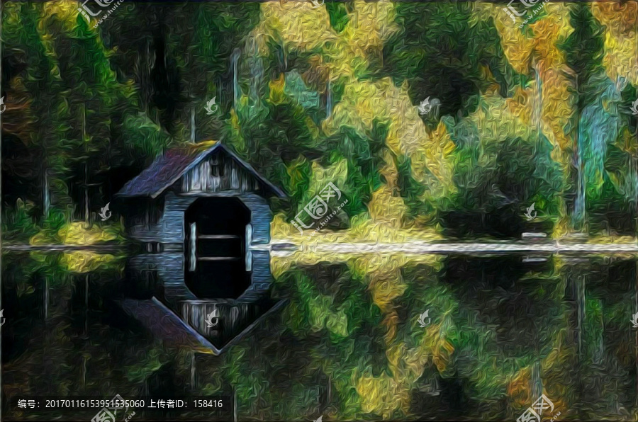 森林小屋油畫裝飾畫
