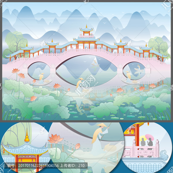 山水石拱橋廊橋效果圖