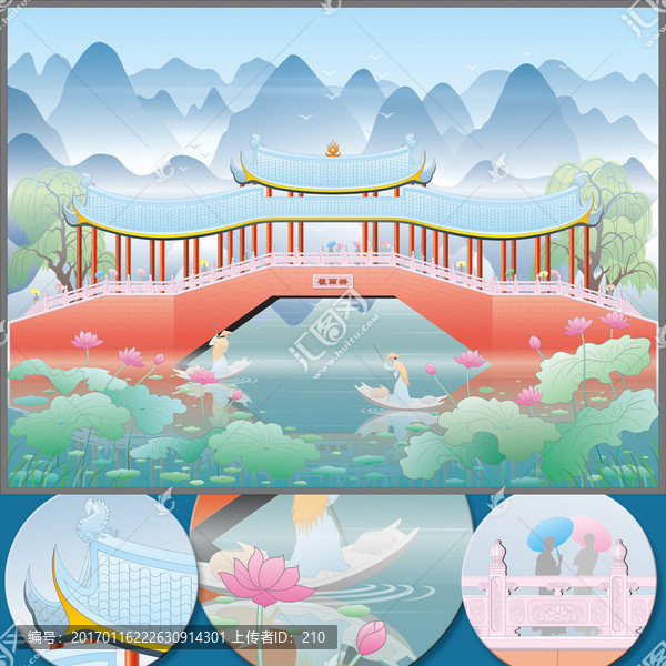 山水石拱橋廊橋效果圖