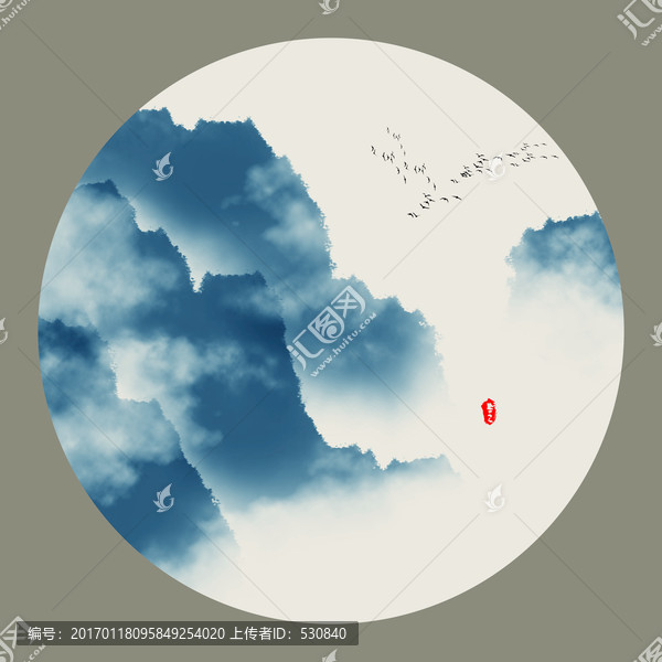 水墨山水畫,,圓形小品畫