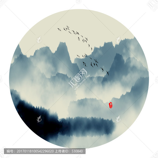 水墨山水畫,,圓形小品畫
