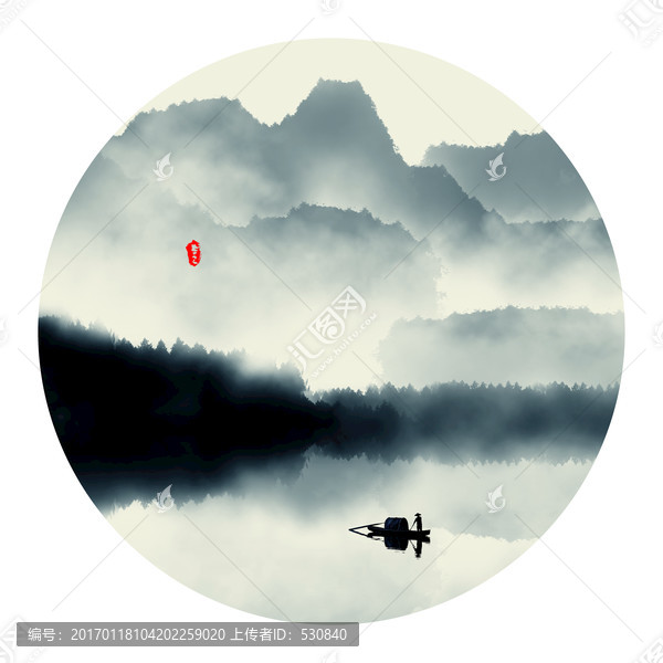 水墨山水畫,圓形小品畫