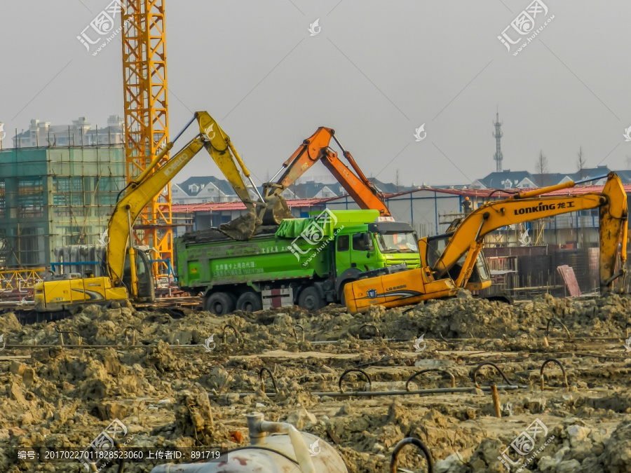 挖机,土方车车队,建筑工地