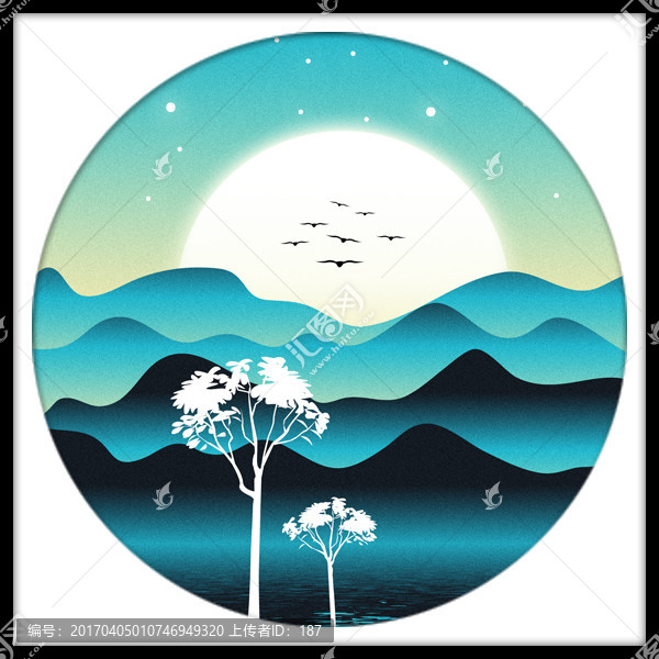 唯美山水裝飾畫,夜空插畫
