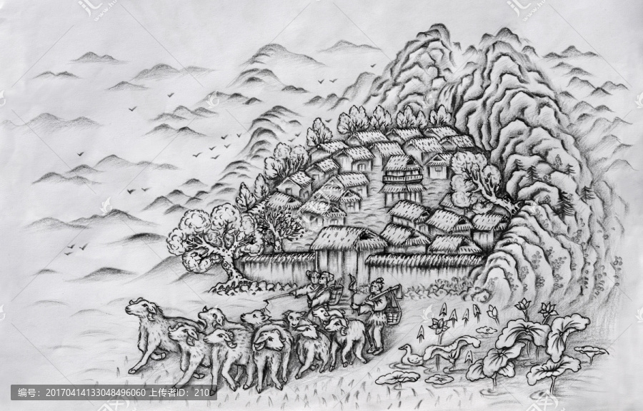 素描水墨山水古村落
