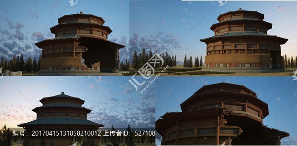 圓形損壞的古代木制建筑3D模型