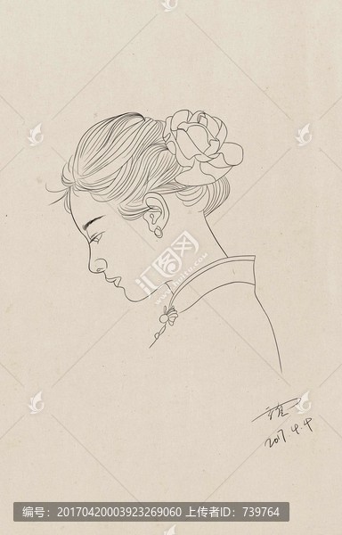 白描古典美女,無框畫,PSD