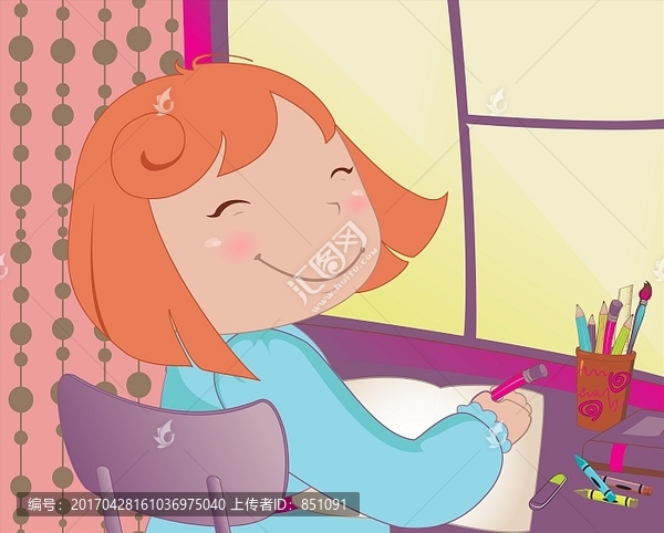 矢量插畫小女生坐在課桌上寫字