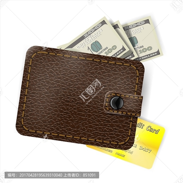 皮革錢包與美元和黃金信用卡