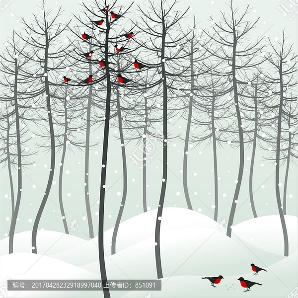 冬天的鸟儿在树上矢量插画