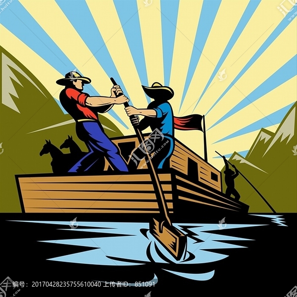 牛仔的人轉(zhuǎn)向平底船沿著河