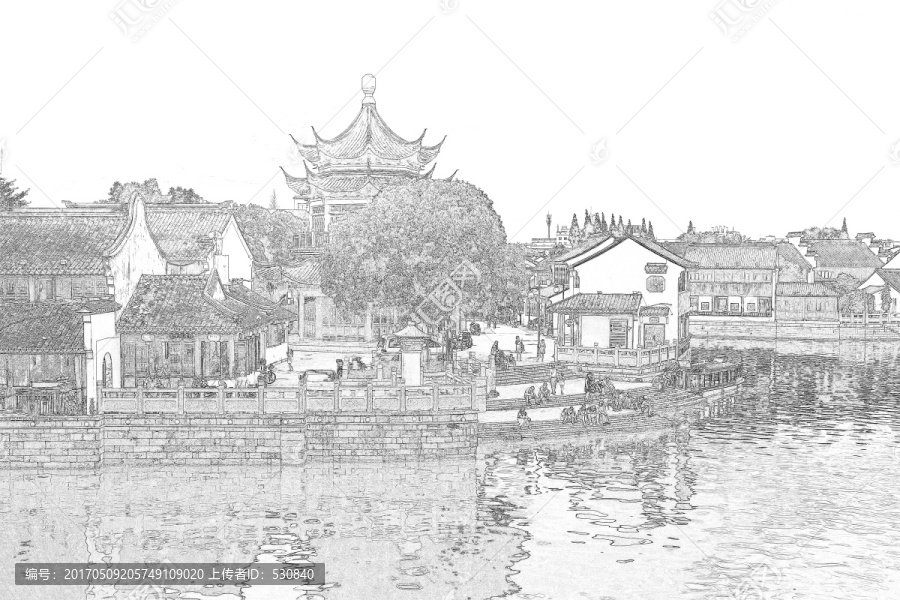 江南古鎮(zhèn)線描,合層