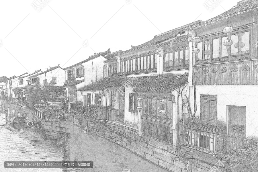 江南水鄉(xiāng)蘇州古鎮(zhèn)線描,合層