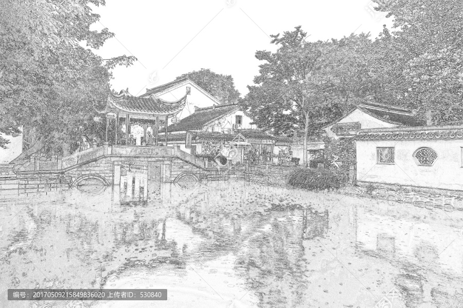 江南水鄉(xiāng)蘇州古鎮(zhèn)線描,合層