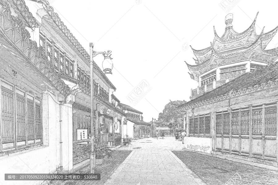 江南水鄉(xiāng)蘇州古鎮(zhèn)線描,合層