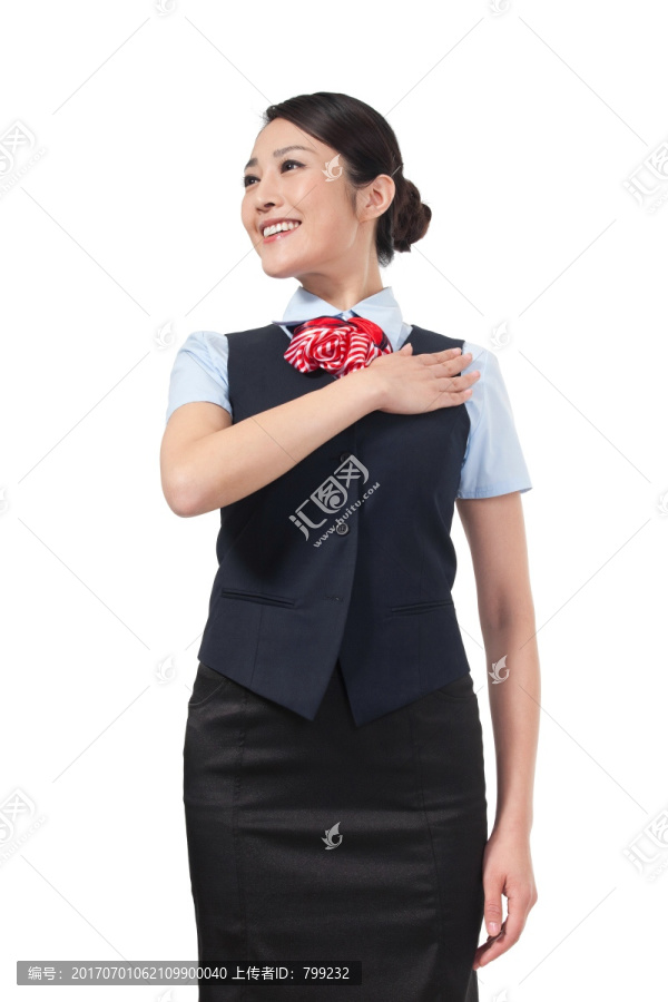 棚拍年轻女服务员做手势