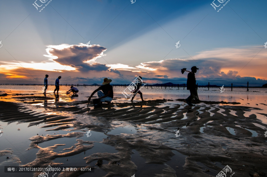 海边夕阳,天空晚霞,滩涂,倒影