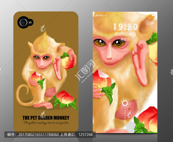 金絲猴吃壽桃,手繪萌寵,圖案設(shè)