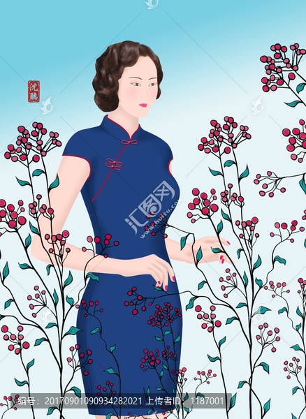古風(fēng)手繪插畫旗袍美女無杠畫