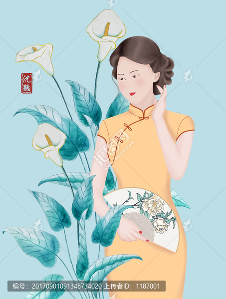 古风中国风插画拿扇子旗袍美女