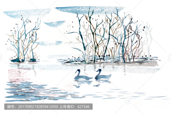 插畫(huà)小樹(shù)林里的天鵝