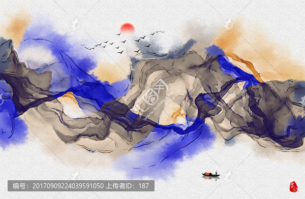 新中式客廳沙發(fā)水墨暈染裝飾畫(huà)