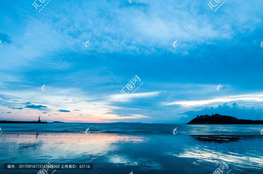 海边夕阳,天空晚霞,滩涂倒影