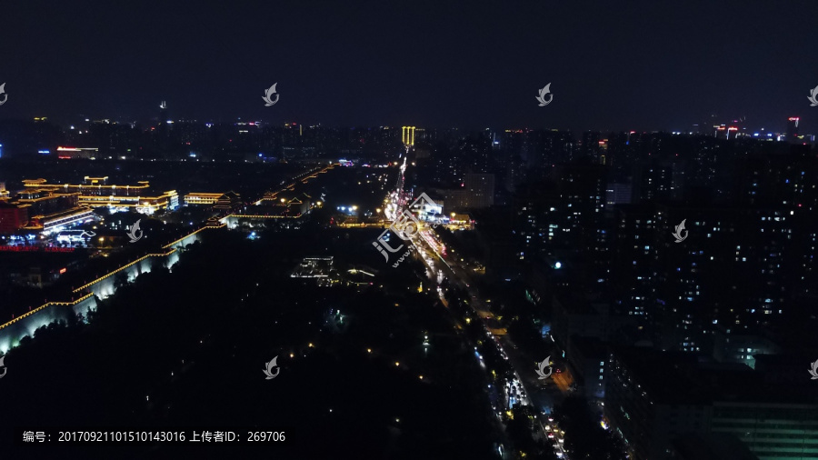 航拍西安夜景城墙夜景