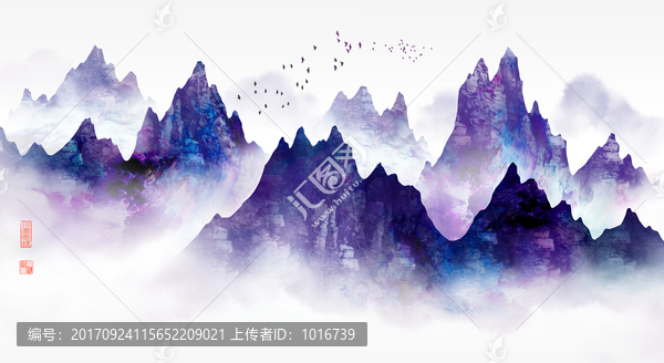 新中式水墨山水紫氣東來裝飾壁畫
